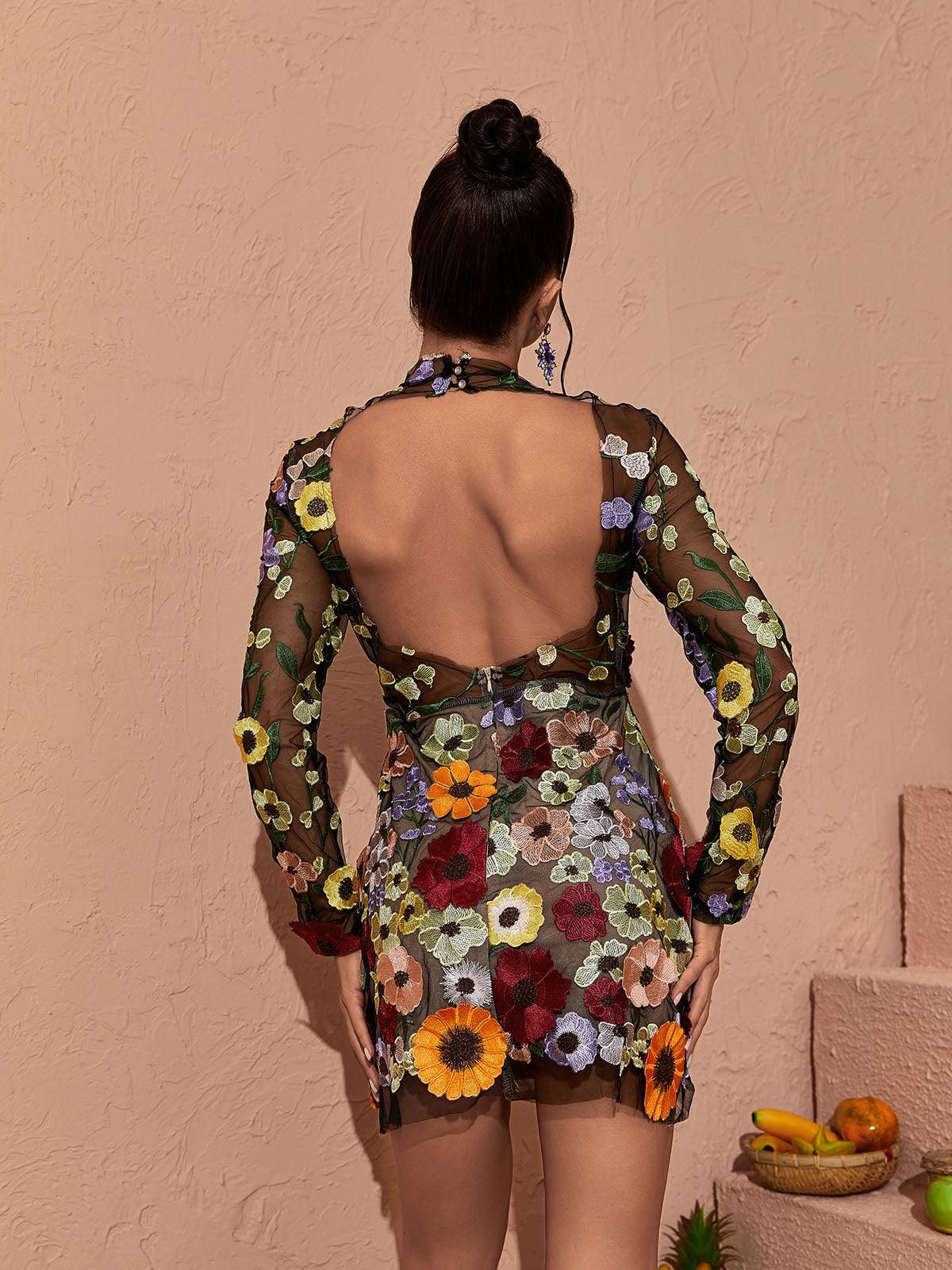 Theodora | Women’s Long Sleeve Open Back Floral Applique Mini Dress