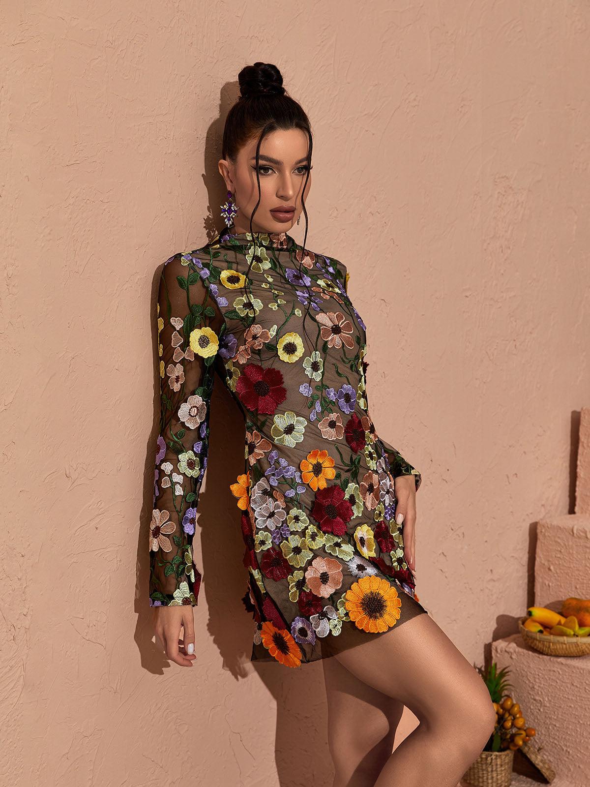 Theodora | Women’s Long Sleeve Open Back Floral Applique Mini Dress
