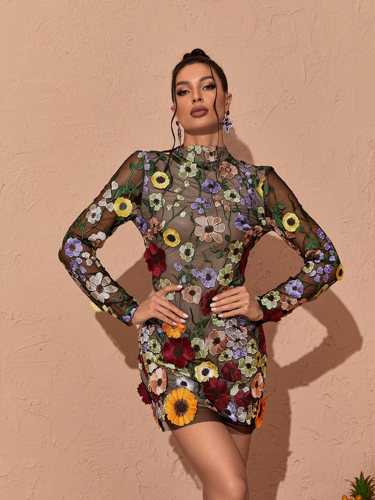 Theodora | Women’s Long Sleeve Open Back Floral Applique Mini Dress