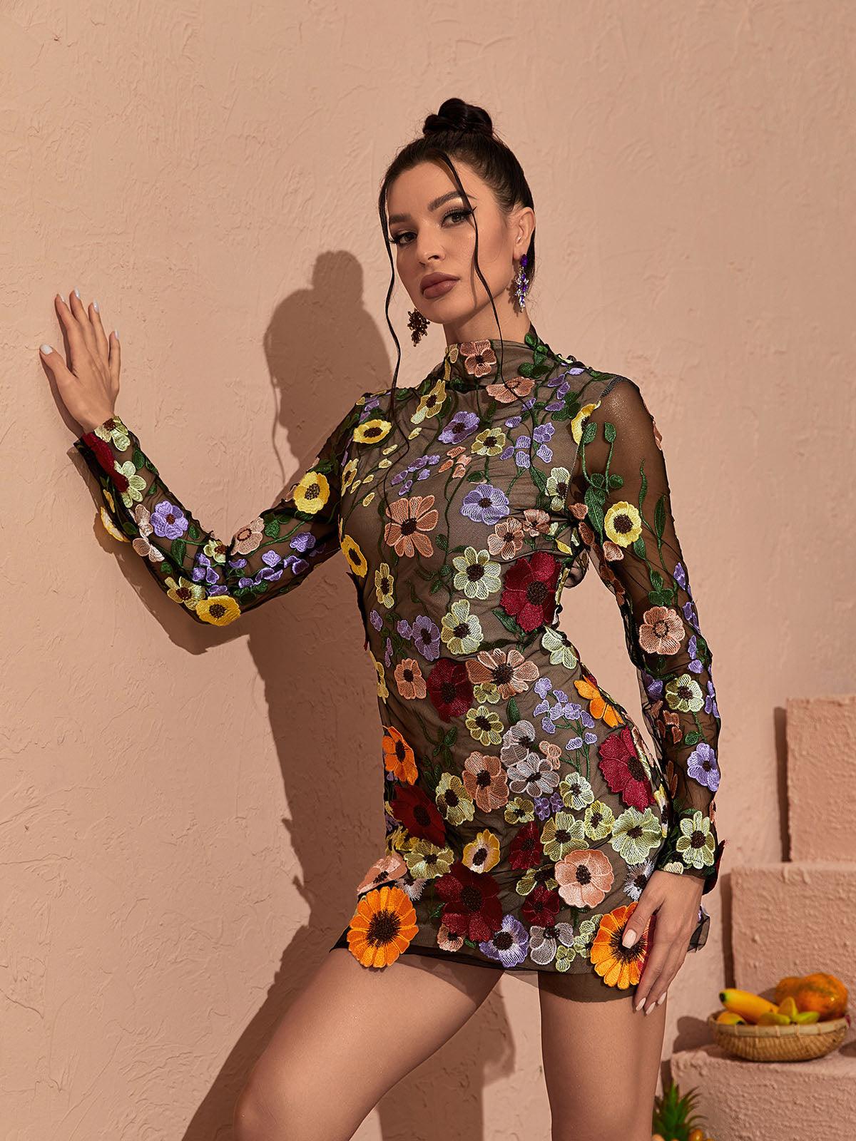 Theodora | Women’s Long Sleeve Open Back Floral Applique Mini Dress
