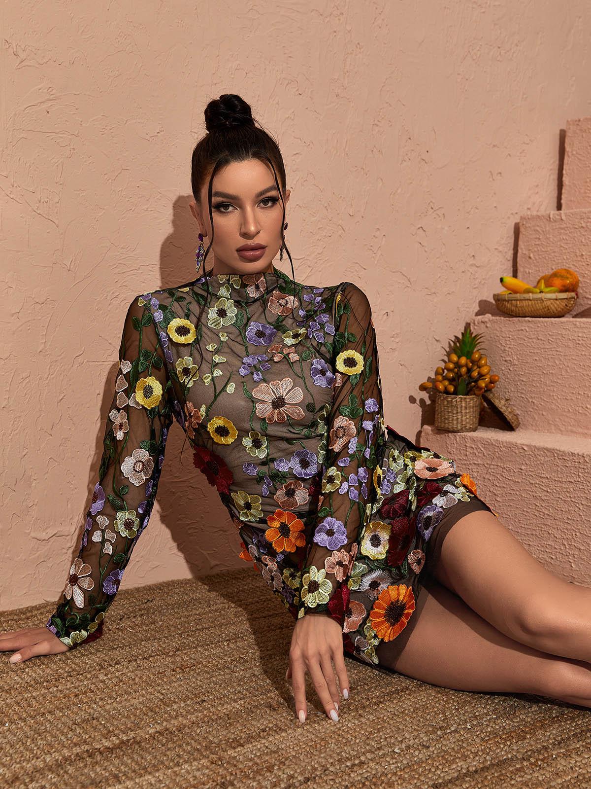 Theodora | Women’s Long Sleeve Open Back Floral Applique Mini Dress