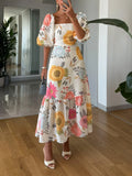 Tiffany | Women’s Square Neck Floral Puff Sleeve Tiered Maxi Dress
