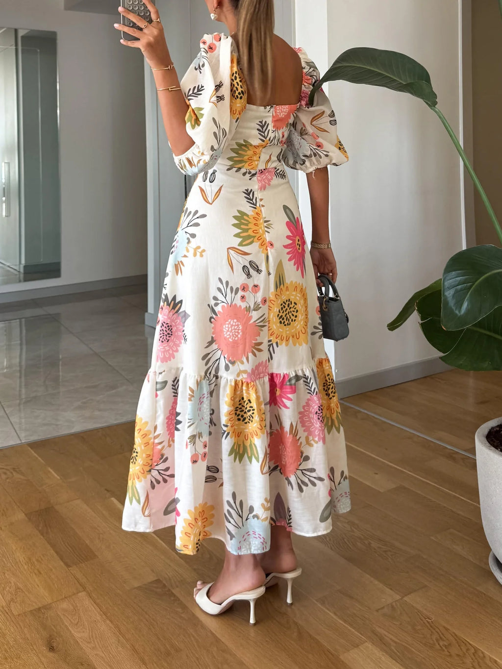 Tiffany | Women’s Square Neck Floral Puff Sleeve Tiered Maxi Dress