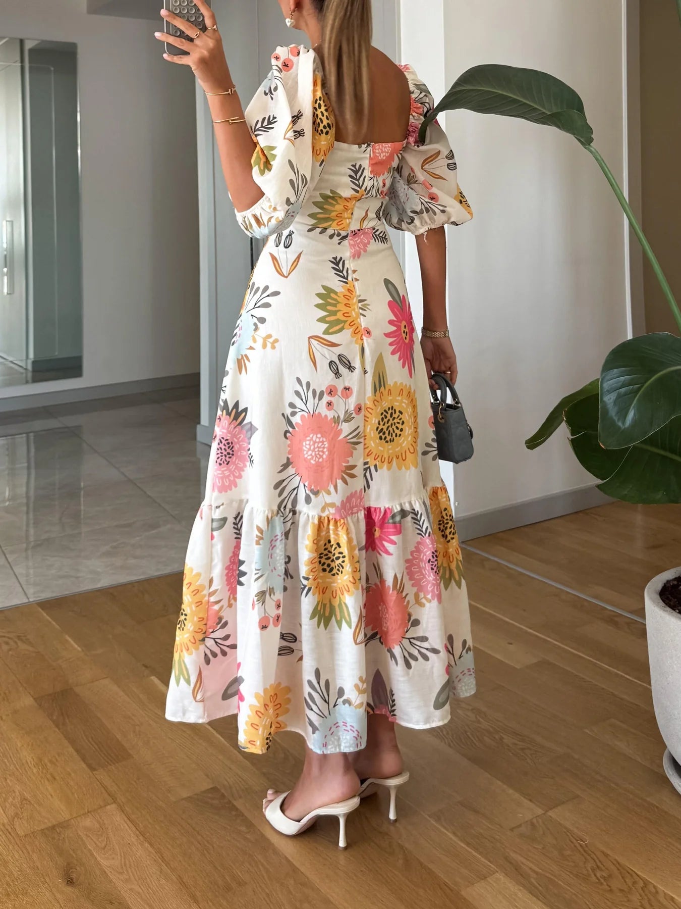 Tiffany | Women’s Square Neck Floral Puff Sleeve Tiered Maxi Dress