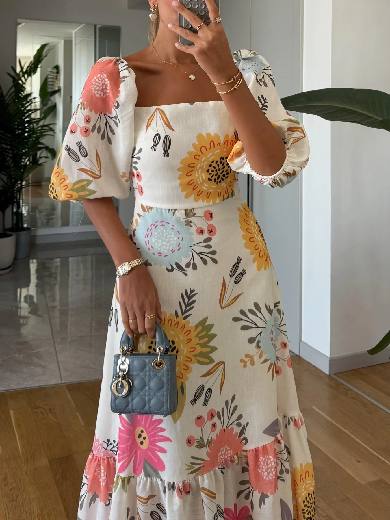 Tiffany | Women’s Square Neck Floral Puff Sleeve Tiered Maxi Dress
