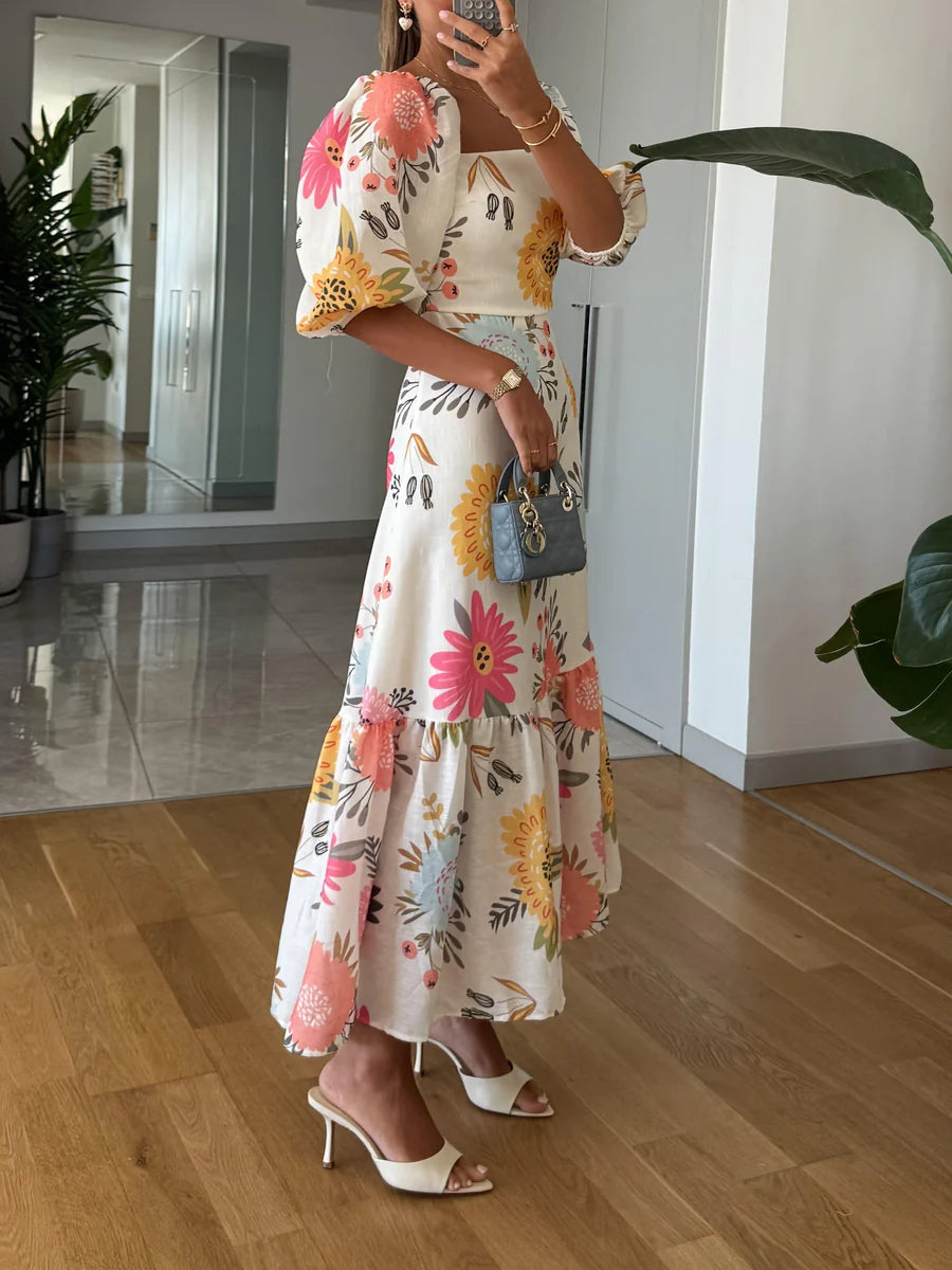 Tiffany | Women’s Square Neck Floral Puff Sleeve Tiered Maxi Dress