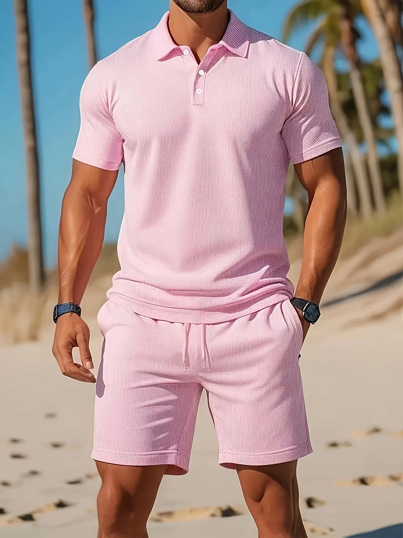 Vaughan | Men’s Short Sleeve Drawstring Button Front Two Piece Set