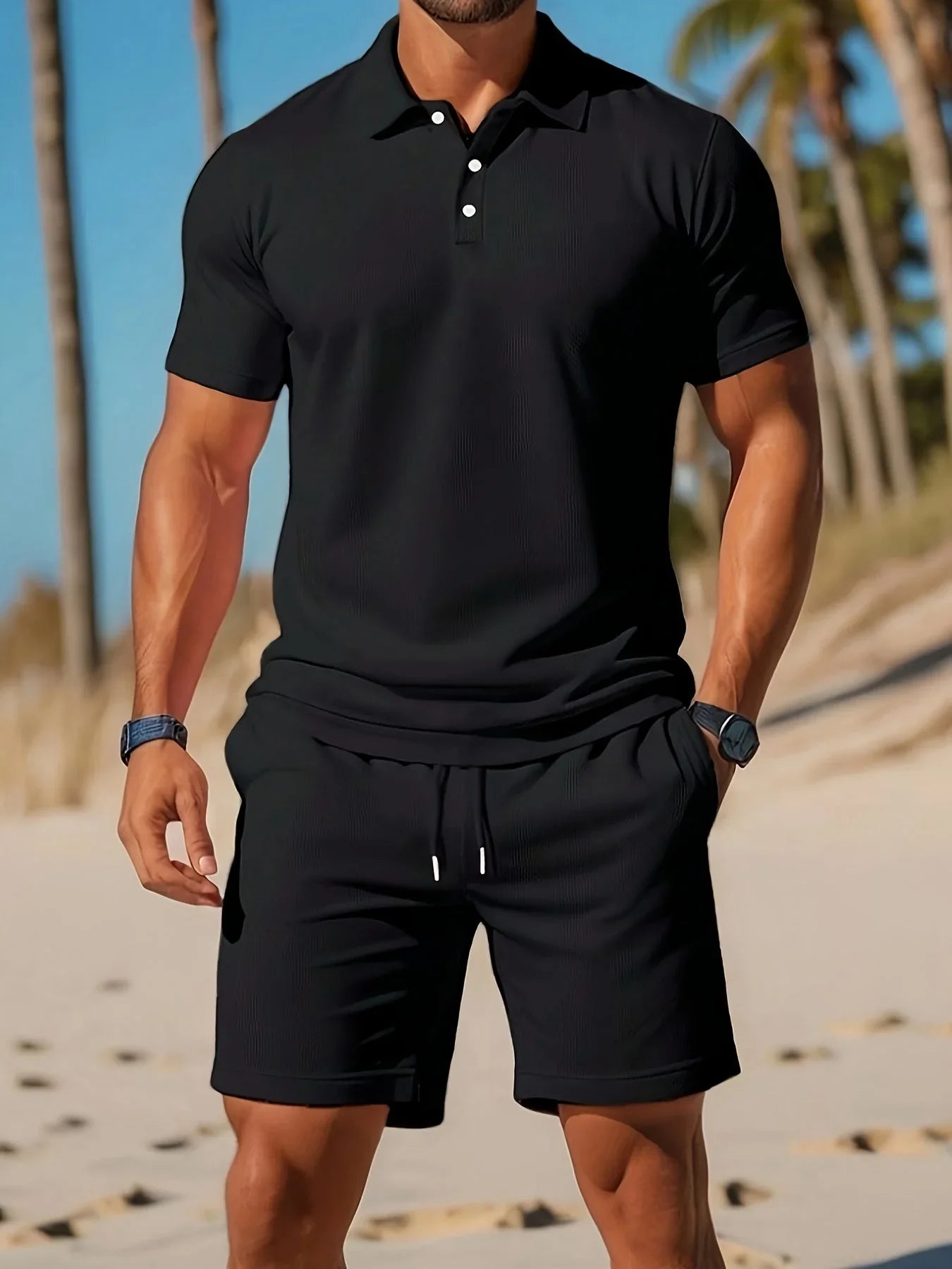 Vaughan | Men’s Short Sleeve Drawstring Button Front Two Piece Set