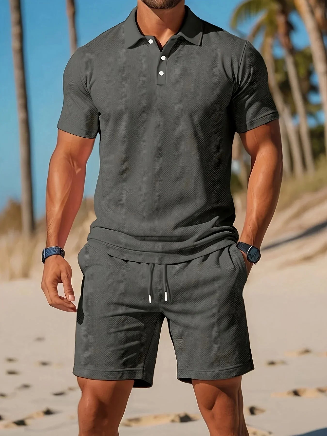Vaughan | Men’s Short Sleeve Drawstring Button Front Two Piece Set