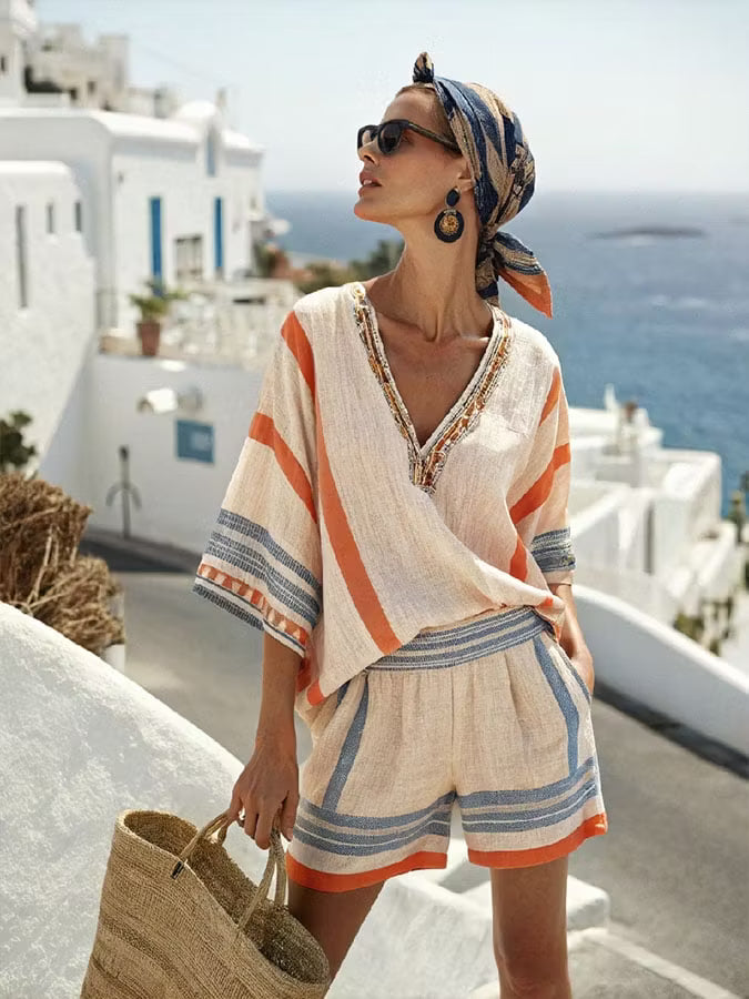 Verity | Women’s Striped V Neck Batwing Sleeve Two Piece Set