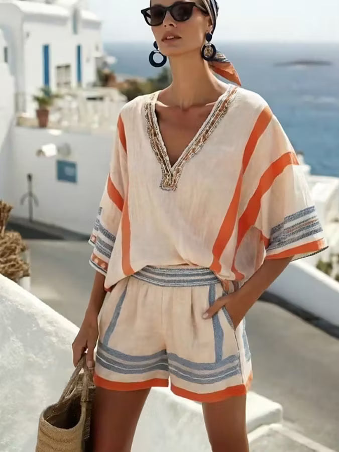 Verity | Women’s Striped V Neck Batwing Sleeve Two Piece Set