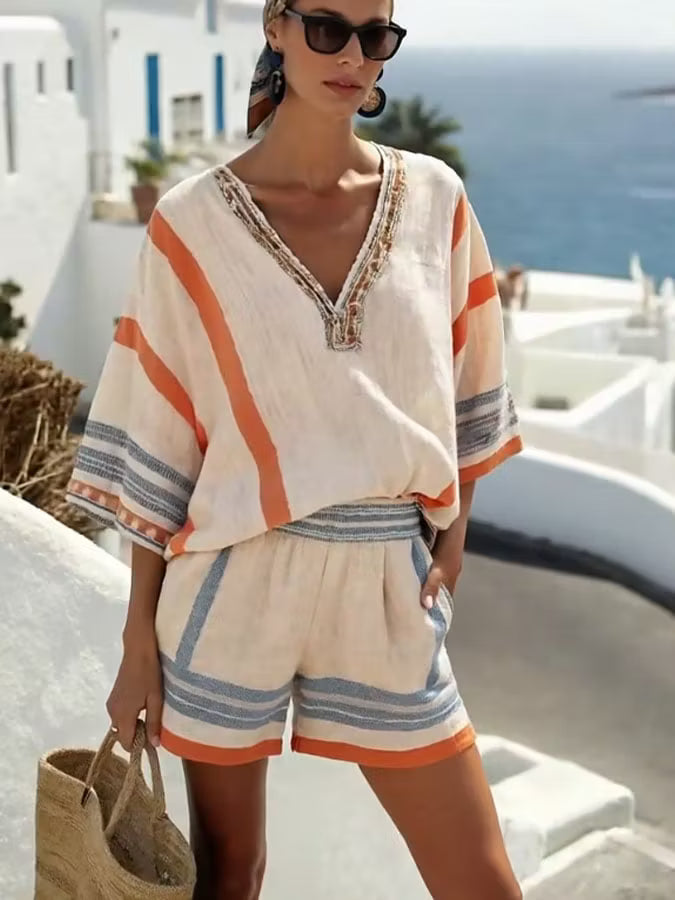 Verity | Women’s Striped V Neck Batwing Sleeve Two Piece Set