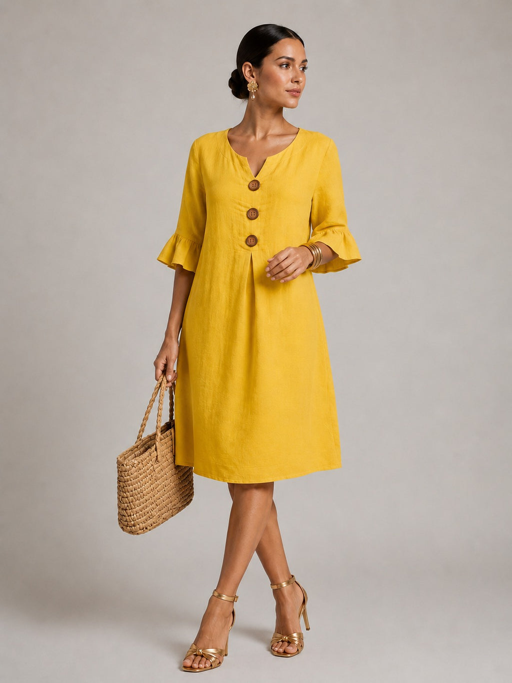 Vivienne | Women’s Flutter Sleeve Button Front V Neck Midi Dress