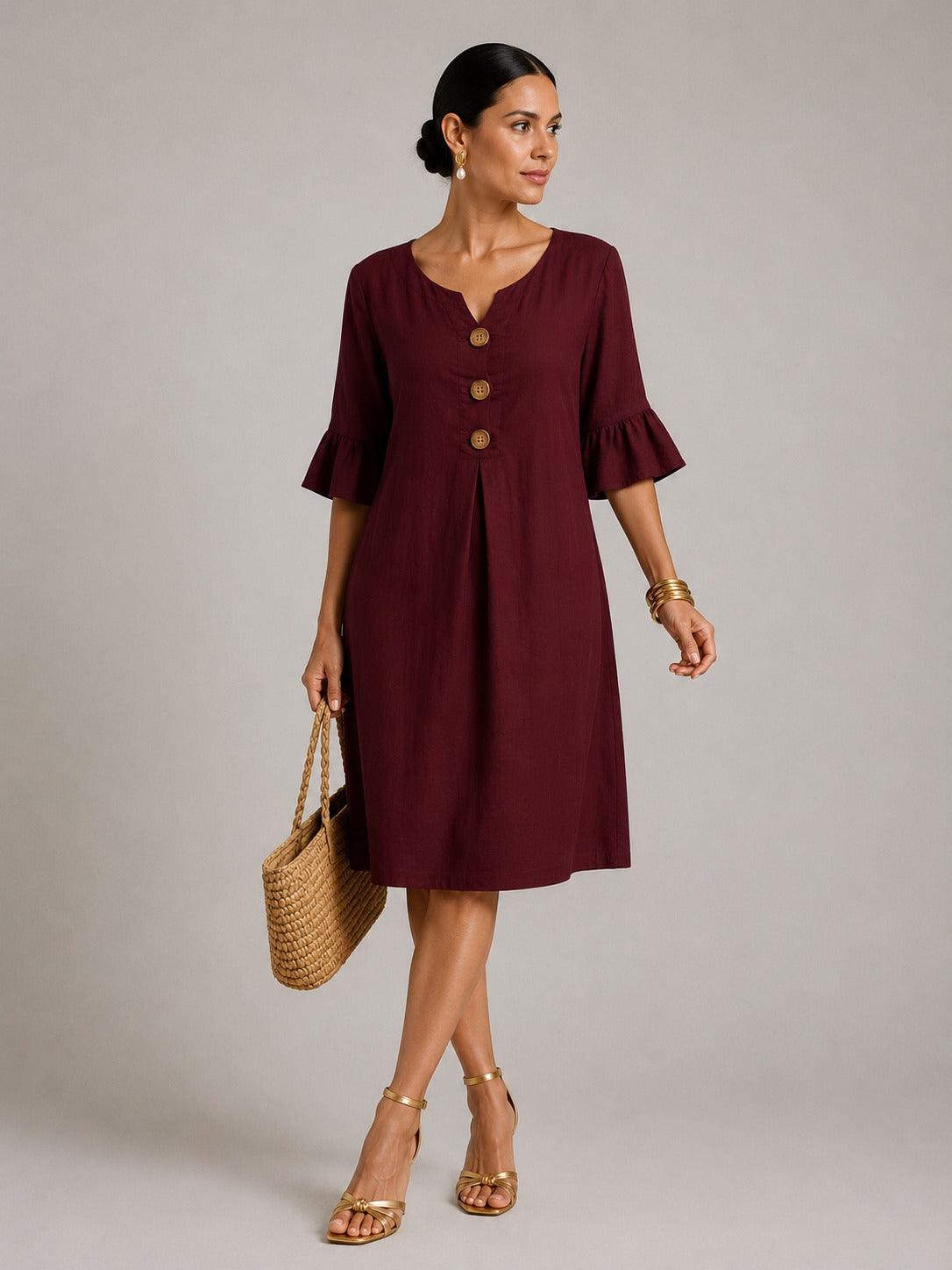 Vivienne | Women’s Flutter Sleeve Button Front V Neck Midi Dress