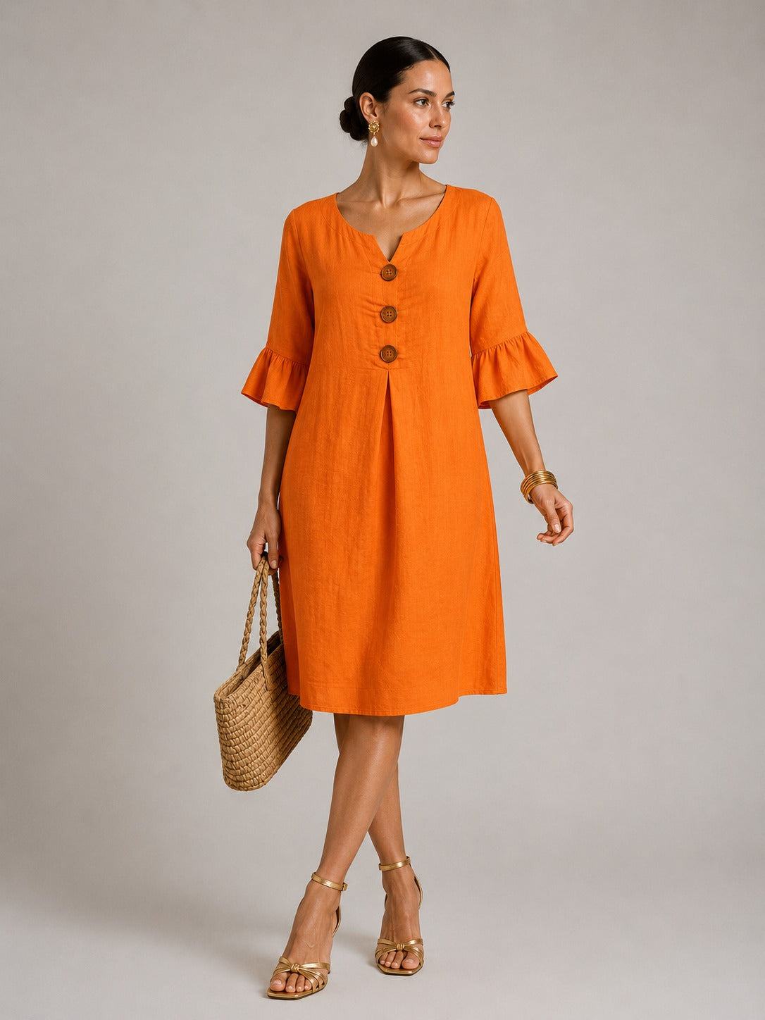 Vivienne | Women’s Flutter Sleeve Button Front V Neck Midi Dress