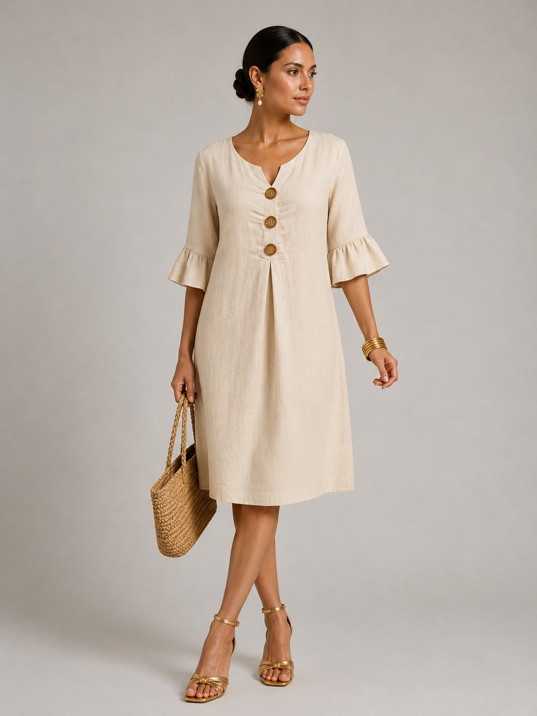 Vivienne | Women’s Flutter Sleeve Button Front V Neck Midi Dress