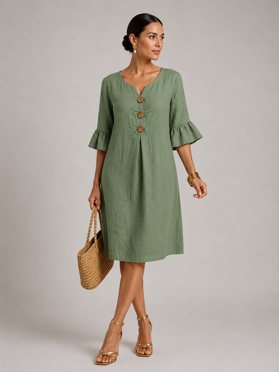 Vivienne | Women’s Flutter Sleeve Button Front V Neck Midi Dress