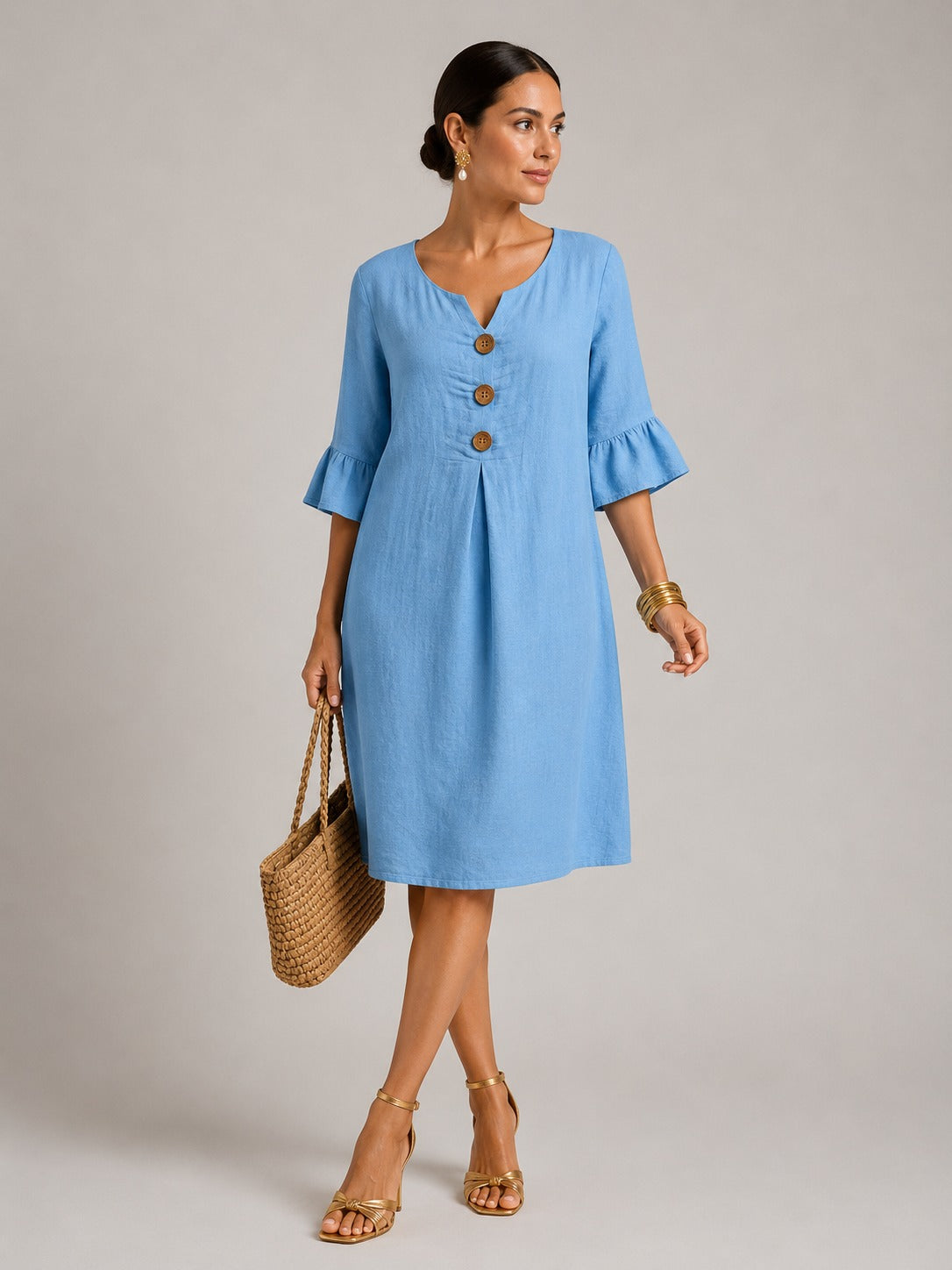 Vivienne | Women’s Flutter Sleeve Button Front V Neck Midi Dress