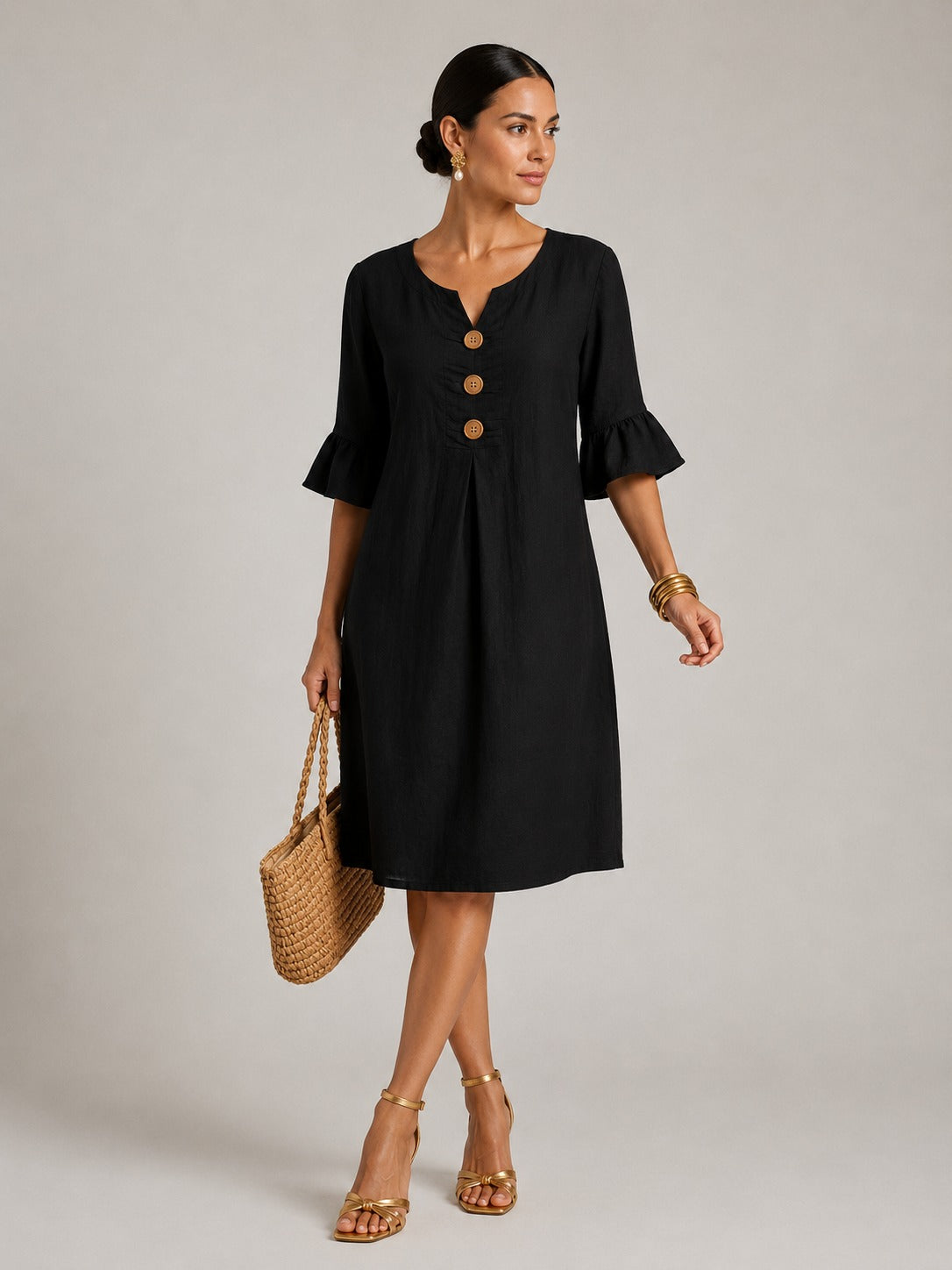Vivienne | Women’s Flutter Sleeve Button Front V Neck Midi Dress