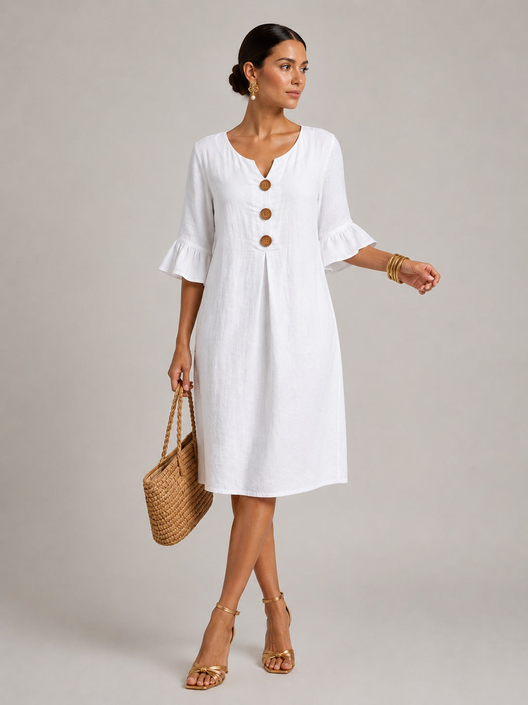 Vivienne | Women’s Flutter Sleeve Button Front V Neck Midi Dress