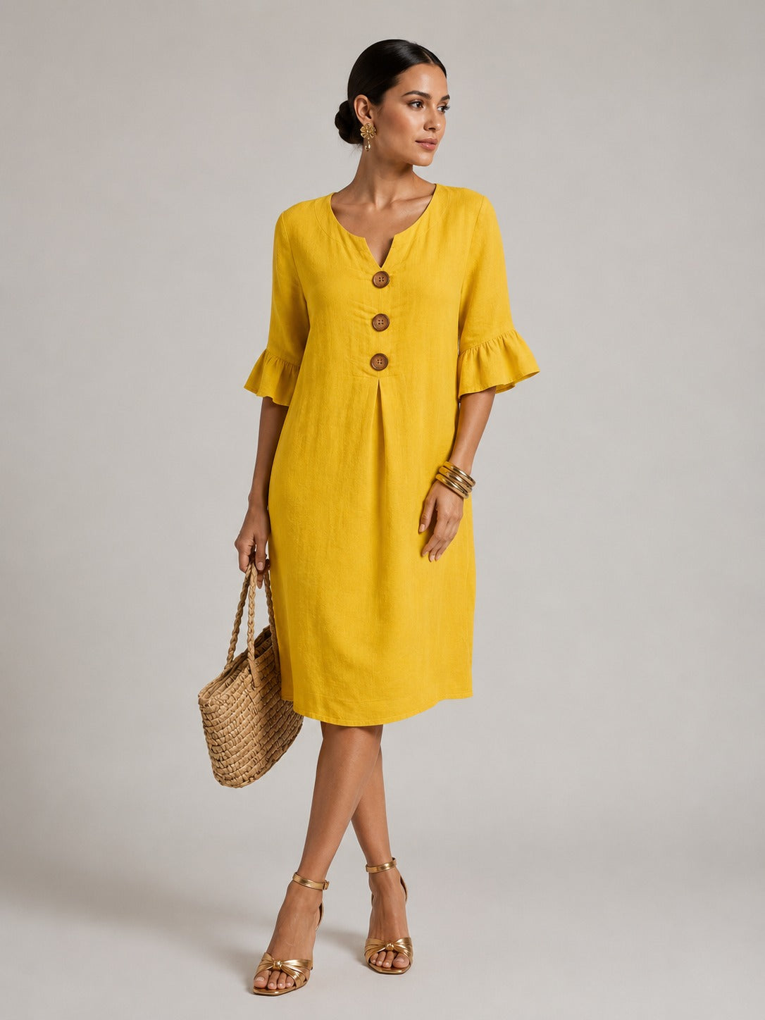 Vivienne | Women’s Flutter Sleeve Button Front V Neck Midi Dress