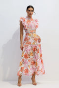 Wilhelmina | Women’s Tiered Cutout High Neck Flutter Sleeve Maxi Dress