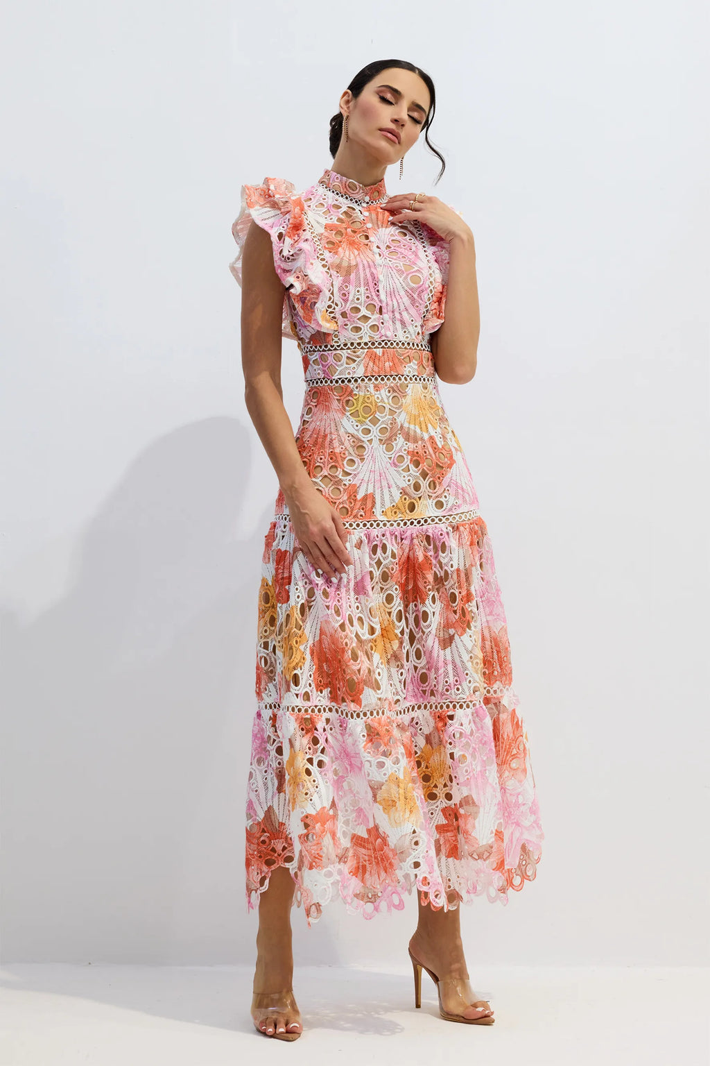 Wilhelmina | Women’s Tiered Cutout High Neck Flutter Sleeve Maxi Dress