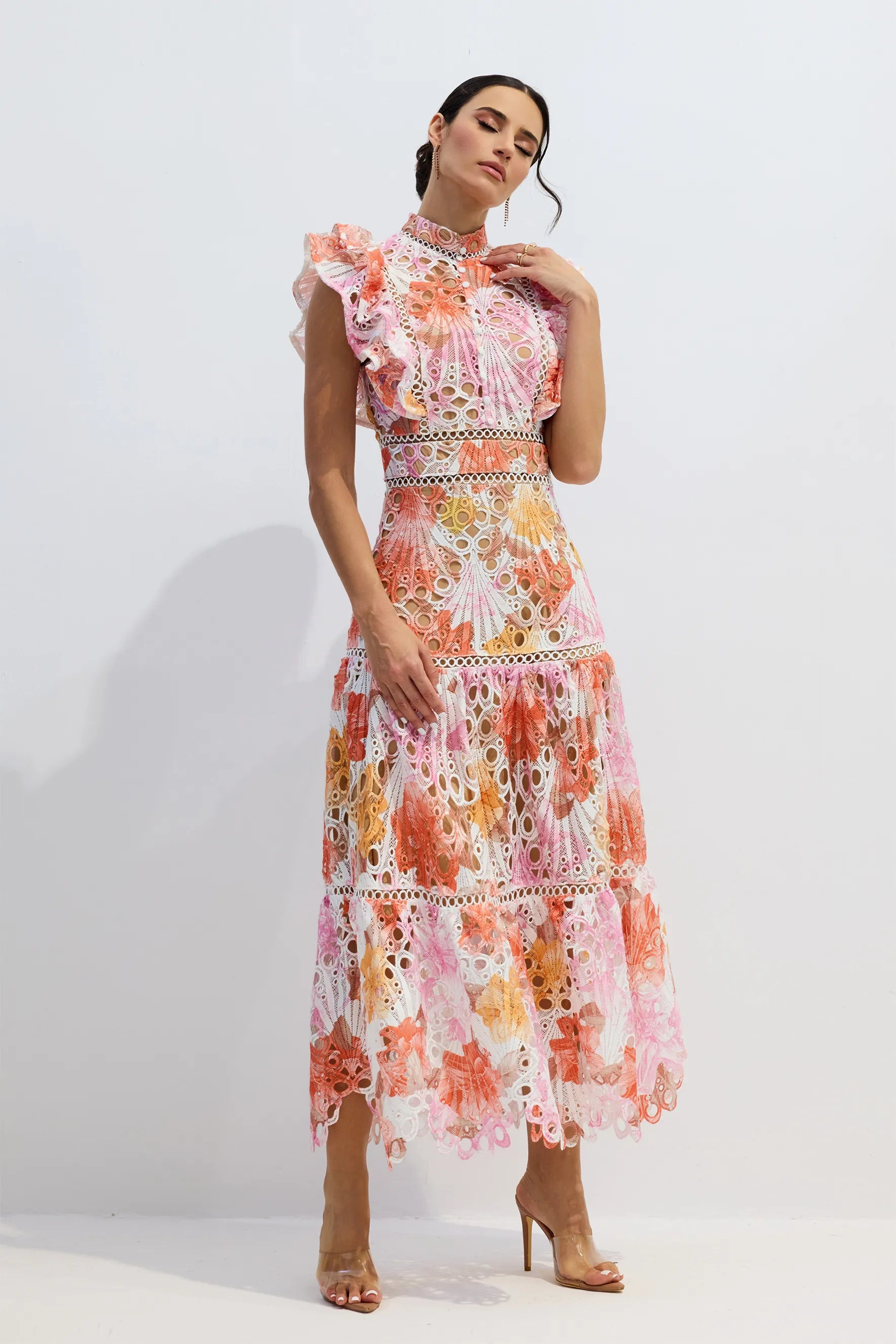 Wilhelmina | Women’s Tiered Cutout High Neck Flutter Sleeve Maxi Dress