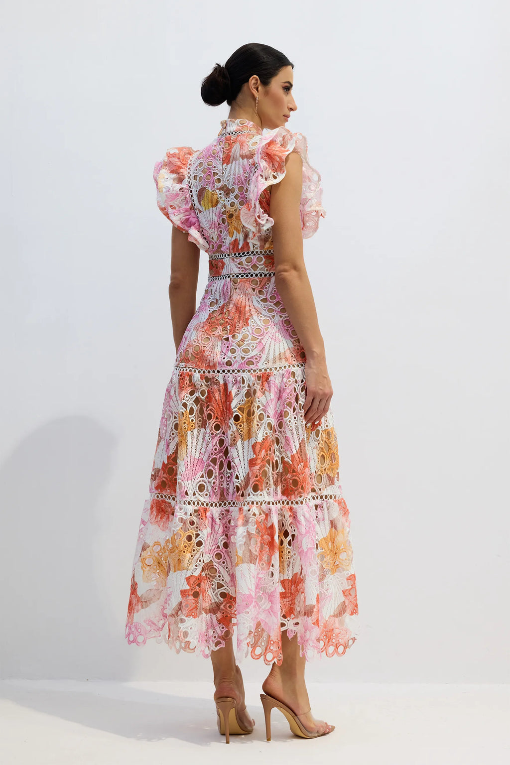 Wilhelmina | Women’s Tiered Cutout High Neck Flutter Sleeve Maxi Dress