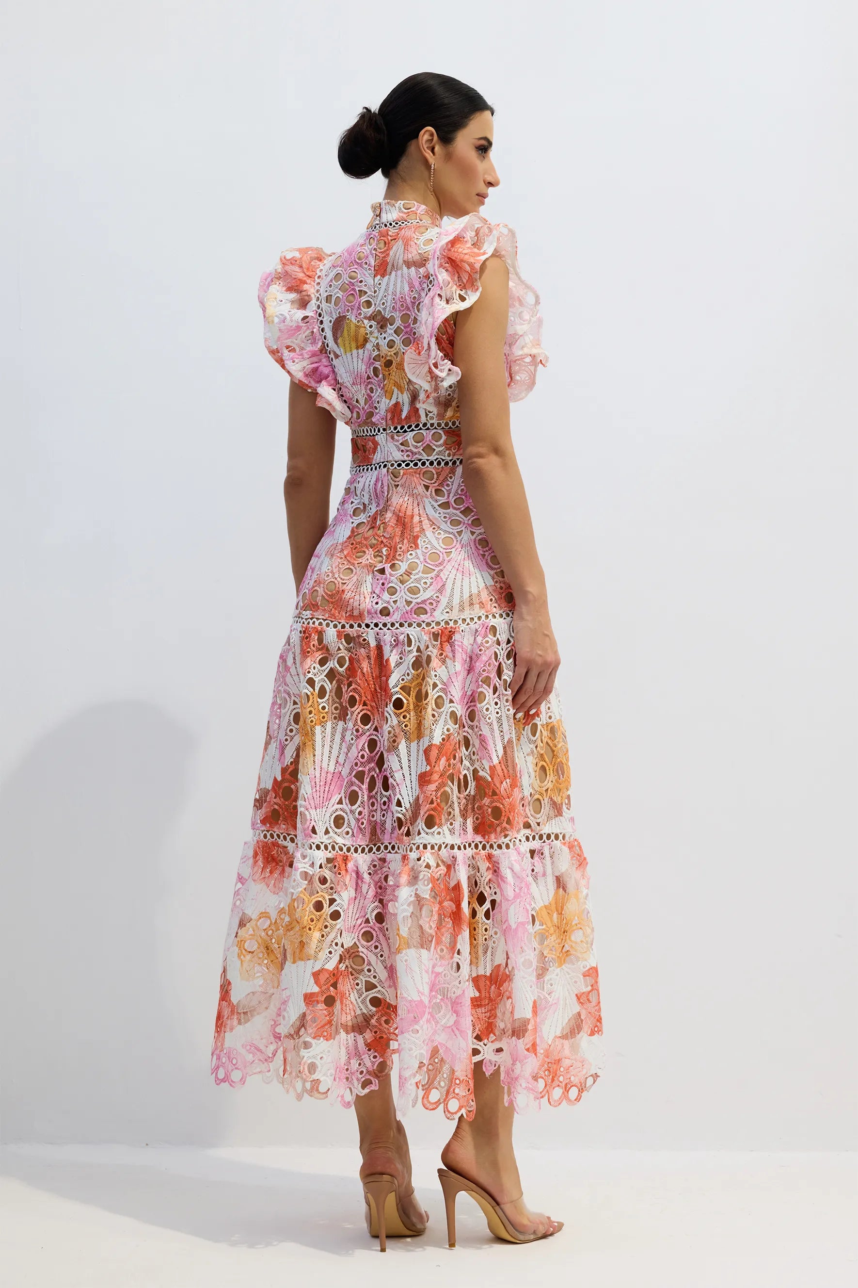 Wilhelmina | Women’s Tiered Cutout High Neck Flutter Sleeve Maxi Dress