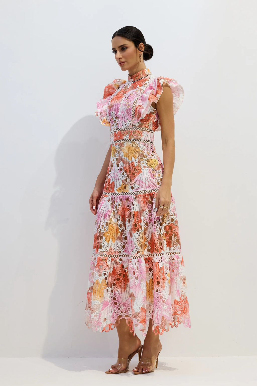Wilhelmina | Women’s Tiered Cutout High Neck Flutter Sleeve Maxi Dress