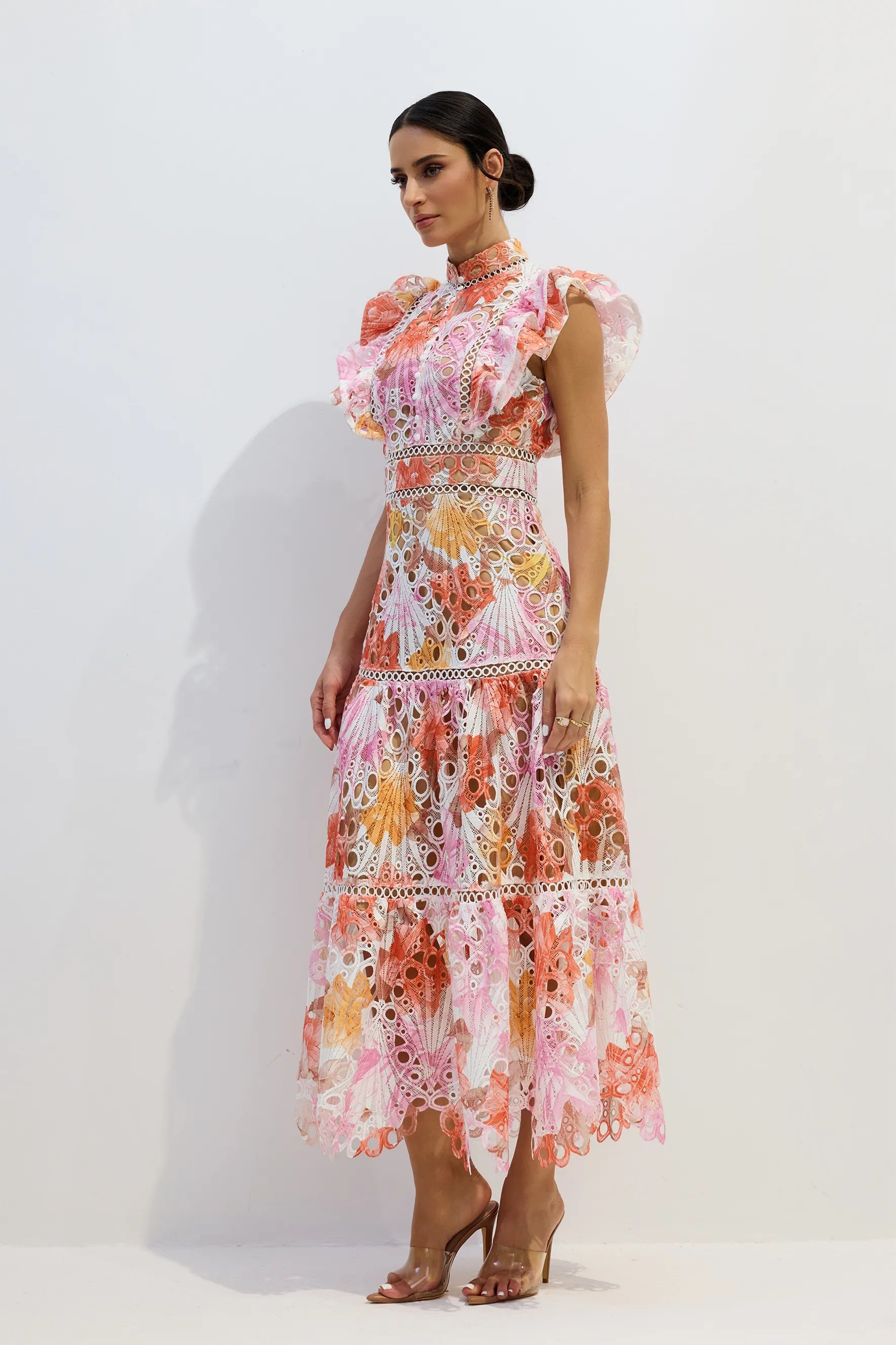 Wilhelmina | Women’s Tiered Cutout High Neck Flutter Sleeve Maxi Dress