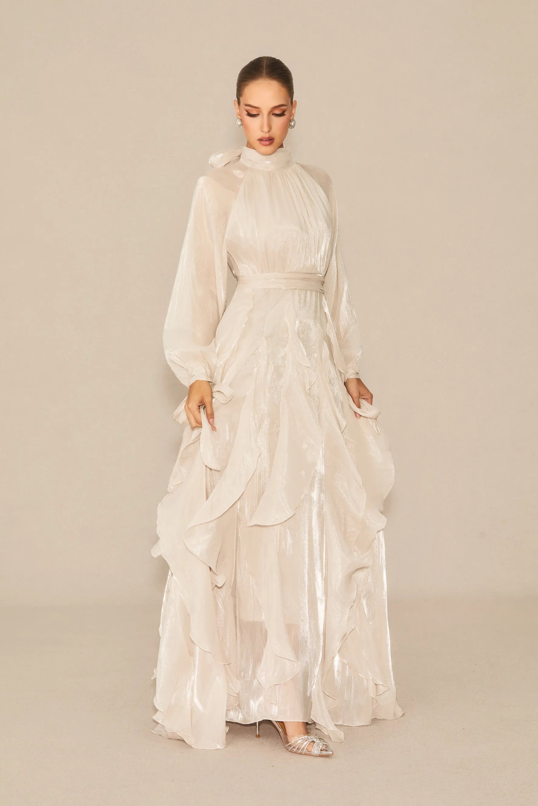 Winifred | Women’s Mock Neck Long Sleeve Ruffled Flowy Maxi Dress