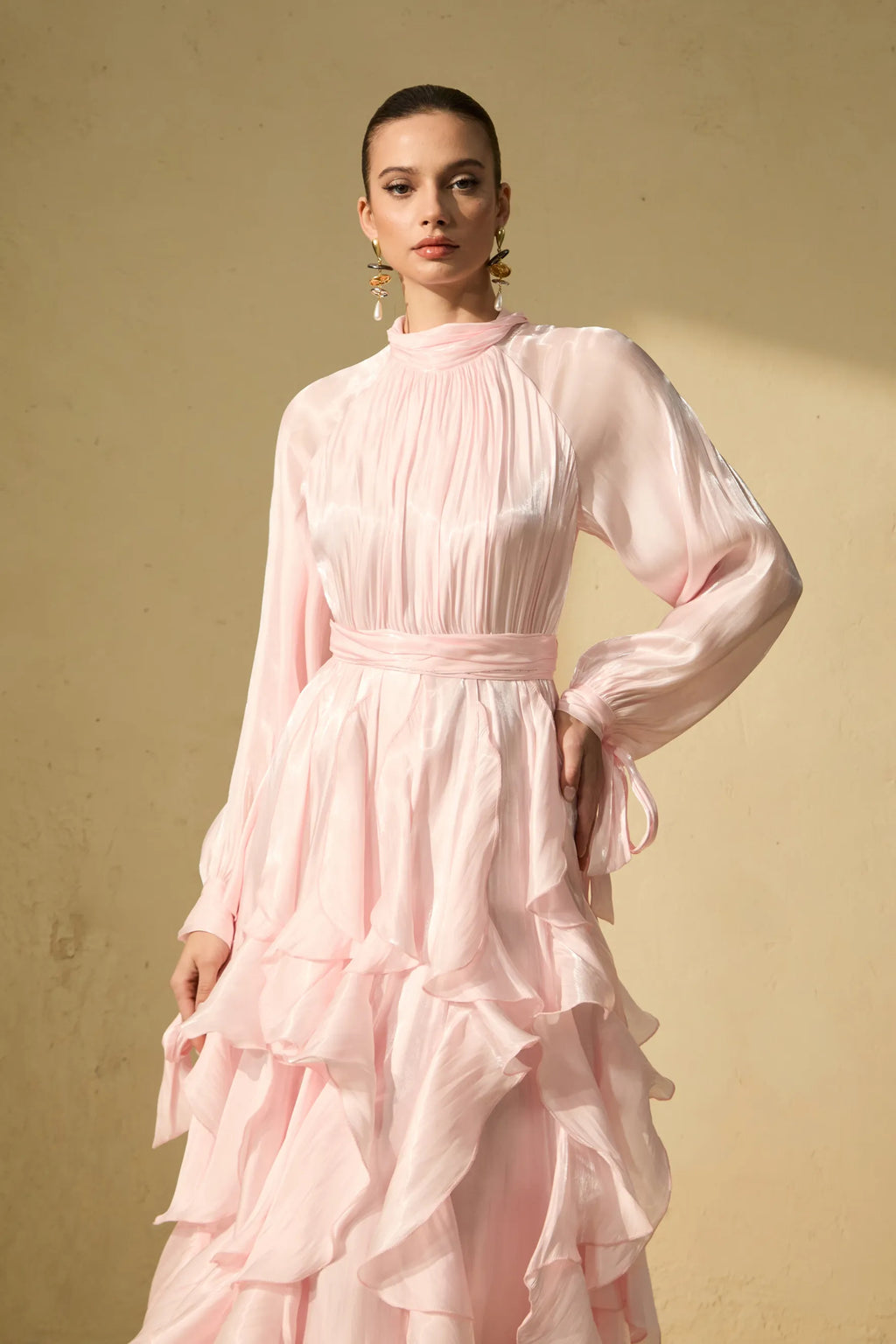 Winifred | Women’s Mock Neck Long Sleeve Ruffled Flowy Maxi Dress