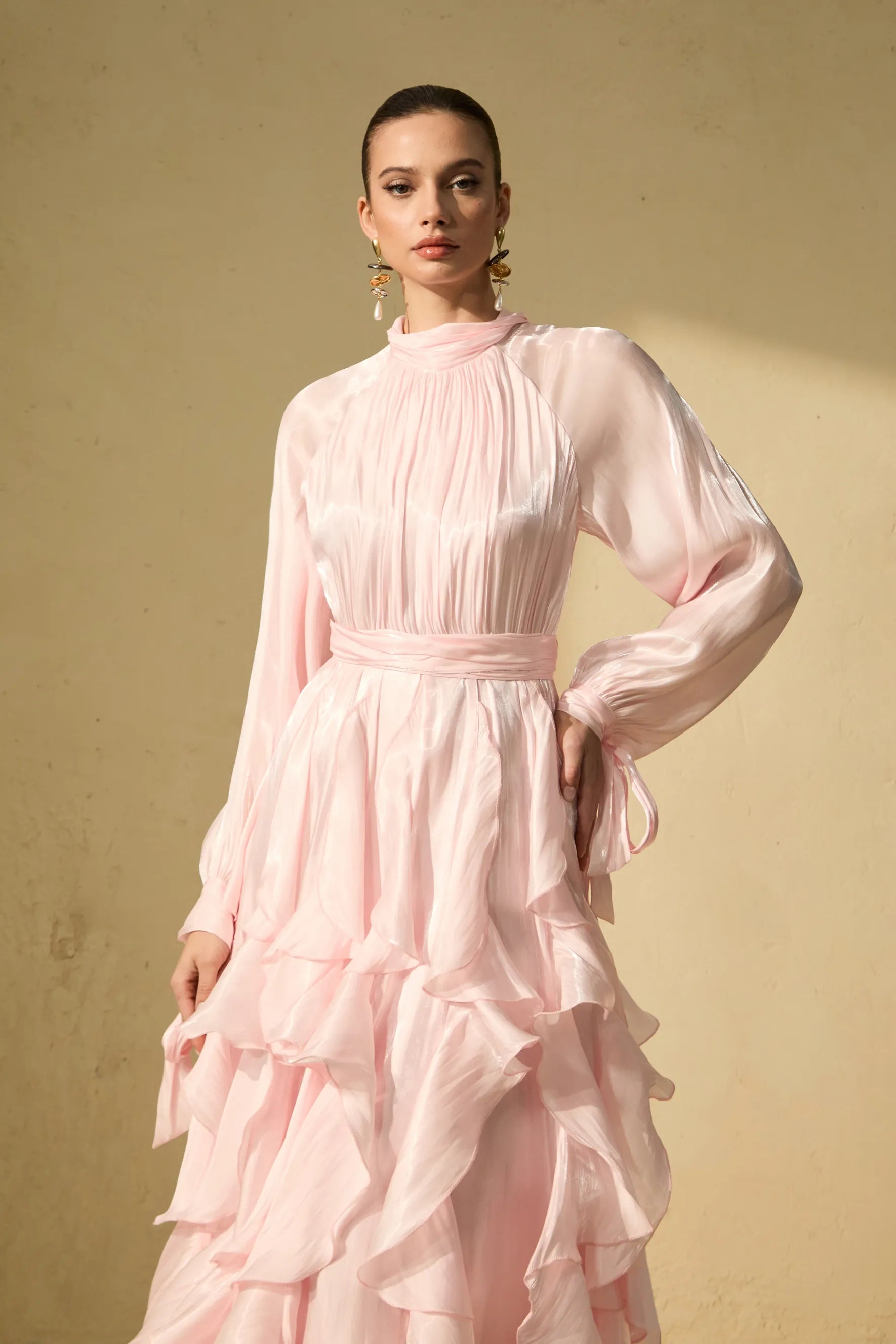 Winifred | Women’s Mock Neck Long Sleeve Ruffled Flowy Maxi Dress