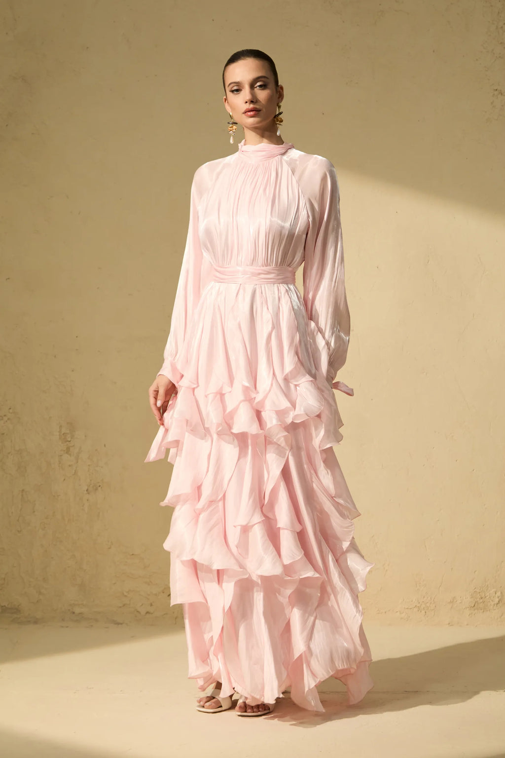 Winifred | Women’s Mock Neck Long Sleeve Ruffled Flowy Maxi Dress