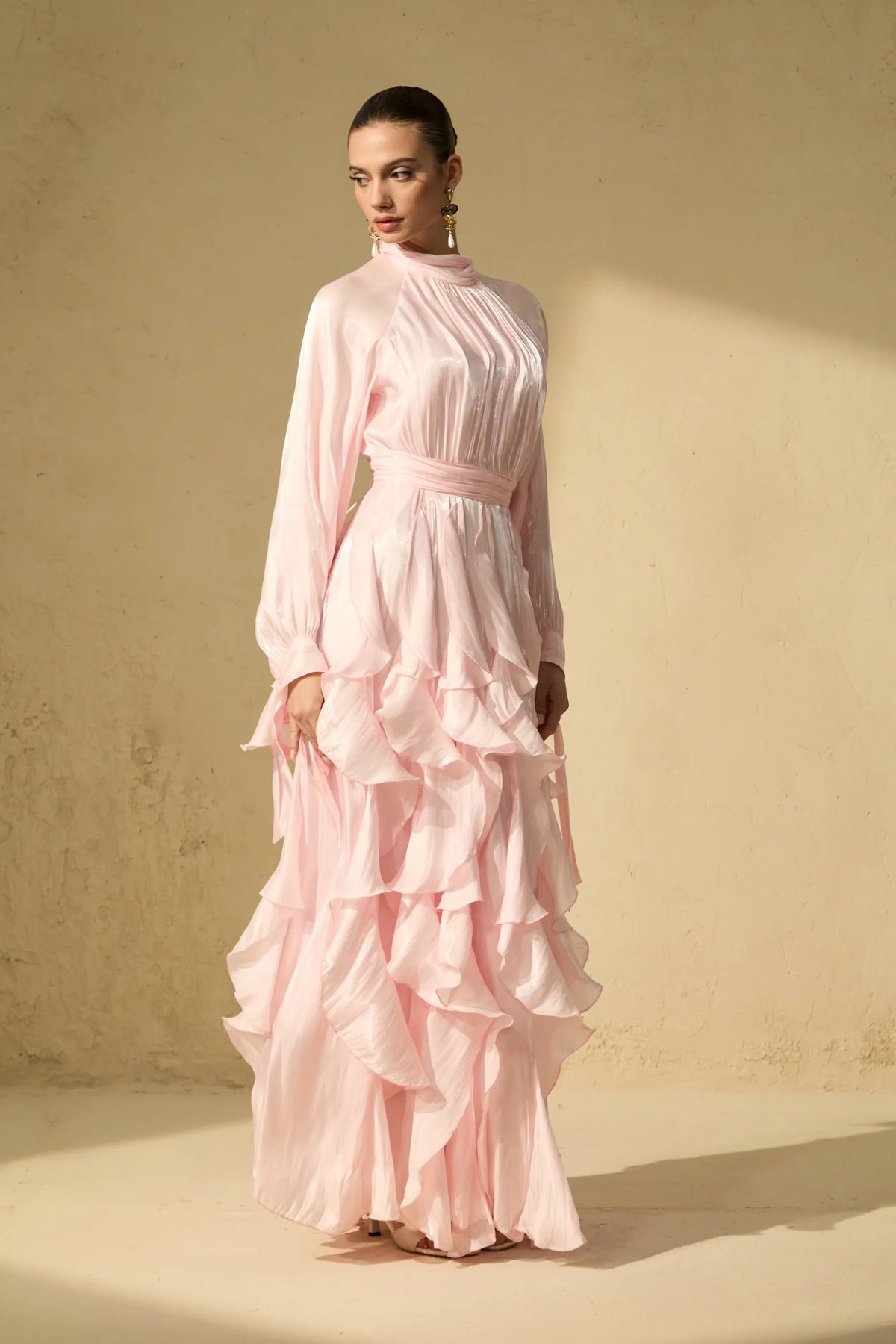 Winifred | Women’s Mock Neck Long Sleeve Ruffled Flowy Maxi Dress