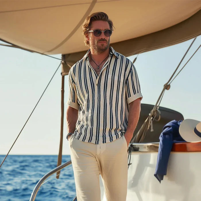 Zebedee | Men's Striped Short Sleeve Button Front Collared Shirt