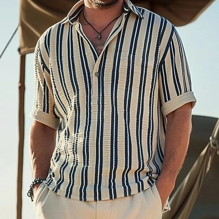 Zebedee | Men's Striped Short Sleeve Button Front Collared Shirt