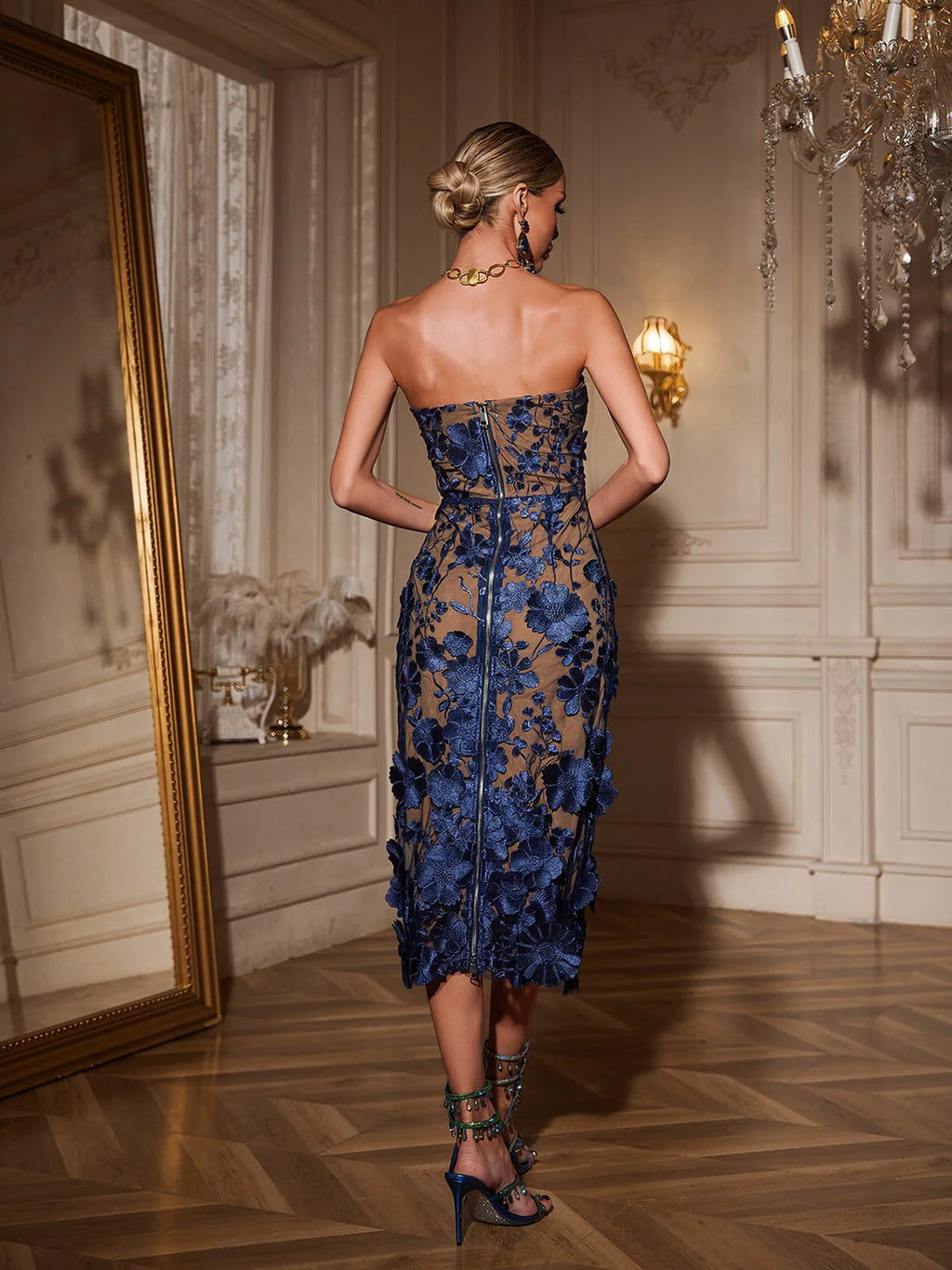 Zola | Women’s Strapless Sweetheart Neck Floral Applique Midi Dress