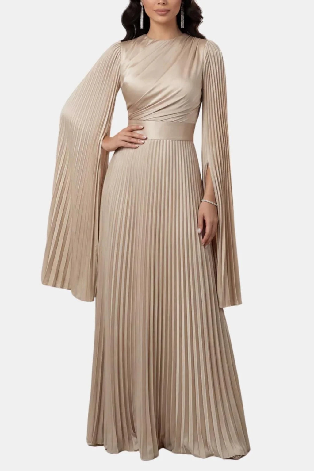 Zuzan | Women’s Draped Long Sleeve High Neck Pleated Maxi Dress