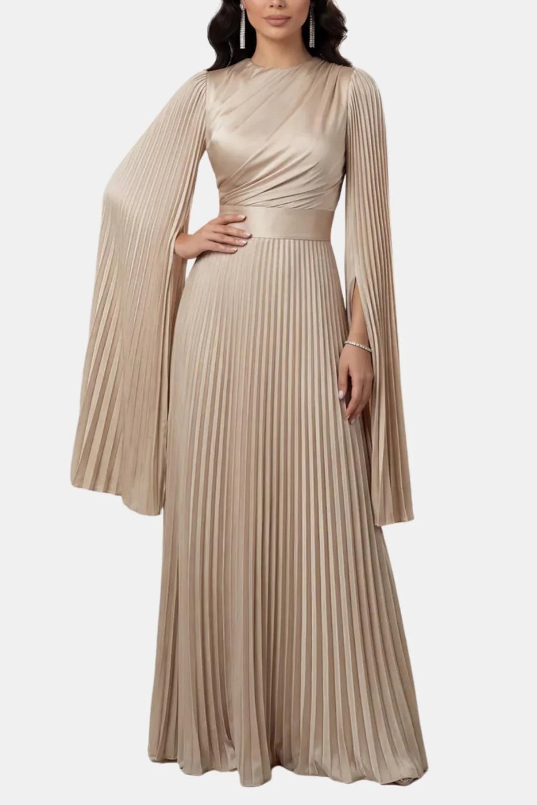 Zuzan | Women’s Draped Long Sleeve High Neck Pleated Maxi Dress
