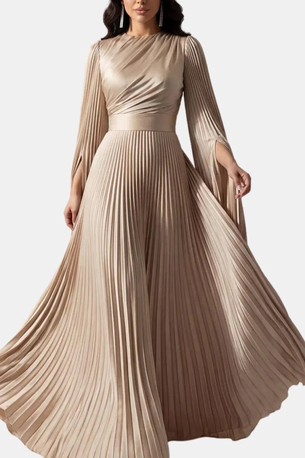 Zuzan | Women’s Draped Long Sleeve High Neck Pleated Maxi Dress