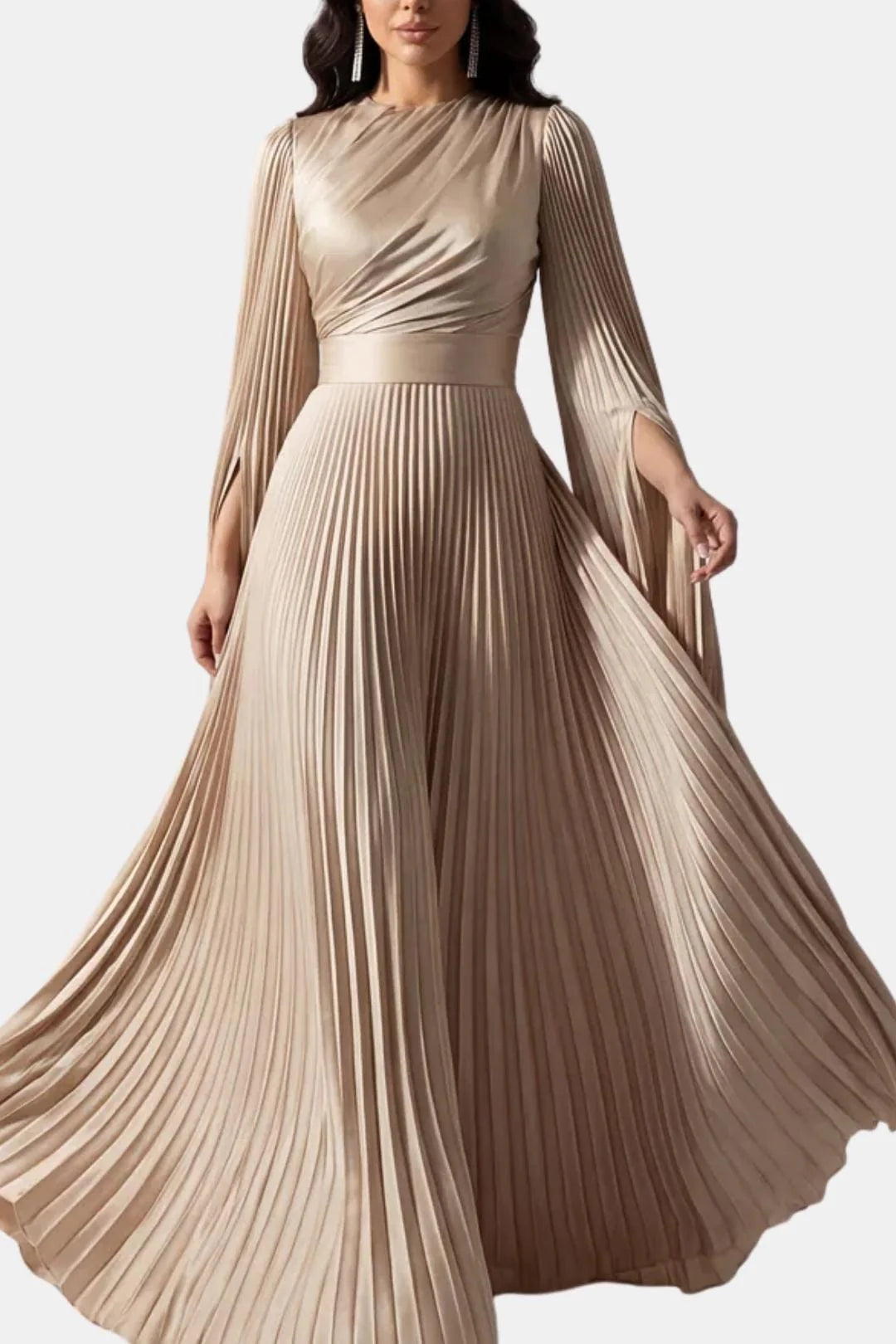 Zuzan | Women’s Draped Long Sleeve High Neck Pleated Maxi Dress
